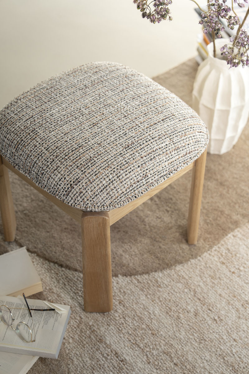 Hocker Lottie Gewebter Stoff und Eichenholz Beige