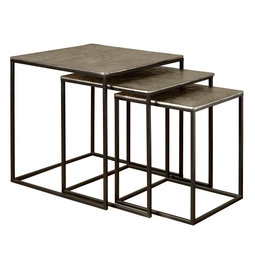 Eisen-Beistelltisch quadratisch mit Aluminiumplatte – 3er-Set